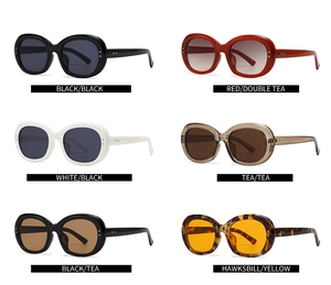Detailed grid showing six color variants of retro oval sunglasses with rivet accents