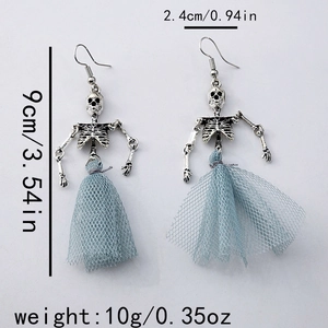 Detailed view of skeleton earrings with blue mesh skirt and size measurements