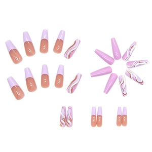 Purple and nude wavy long ballerina press-on nails with sparkling glitter fragments