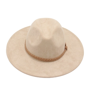 Classic beige faux suede fedora hat with a brown woven band accessory for casual style