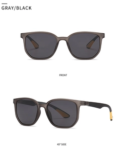 Front and 45-degree side views of modern gray polarized sunglasses with orange tips