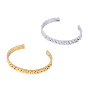 Adjustable watch-strap style stainless steel open bangles in gold and silver finish