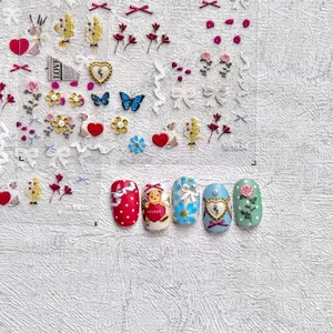 5D Relief Nail Art Stickers 3D Embossed Self Adhesive Vintage Butterfly Bow Flower Bear Heart Decals For DIY Manicure