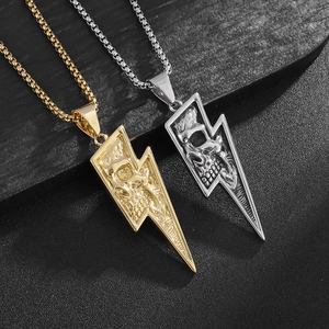 Retro Punk Lightning Bolt Skull Pendant Necklace Titanium Steel Box Chain Hip Hop Jewelry For Men