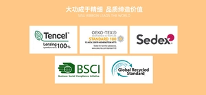 Logo display of OEKO-TEX, GRS, and BSCI certifications for quality textile ribbons