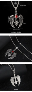 Detailed dimensions of cross pendant necklace with wings and red gemstone inlay