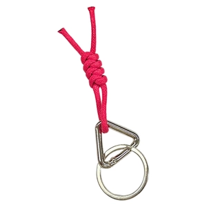 Rose red woven cord keychain with silver triangular buckle and metal ring on white background