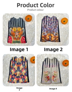 Detail showing four styles of winter suede touch screen gloves with 3D oil painting prints