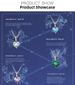 Macro shot of S925 silver heart birthstone necklaces with zodiac starry sky background
