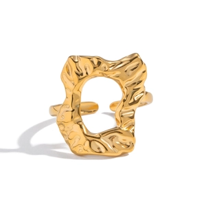 Adjustable golden irregular geometric hollow ring with hammered texture for women