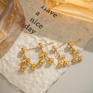 Elegant gold cherry earrings with crystal studs and leaf details for summer fashion