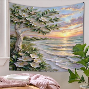 Detalle del tapiz de pared con árbol floral en relieve 3D y paisaje de atardecer