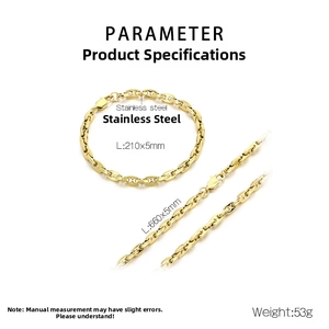 Detailed specs for gold stainless steel coffee bean link chain bracelet and necklace set