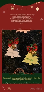 Macro detail of Christmas tree scent stone with red plaid bow and golden bells