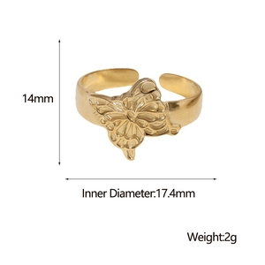 Mesures détaillées de la bague papillon dorée: hauteur 14mm et diamètre interne 17,4mm