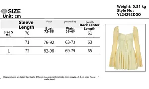 Detailed size chart for elegant square neck long sleeve lace dress in light yellow