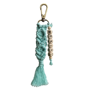 Mint green braided cotton keychain with BE KIND wooden beads and tassel accessory