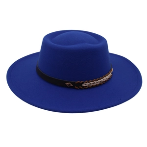 Detail of the royal blue felt fedora showing the woven band and golden diamond buckle