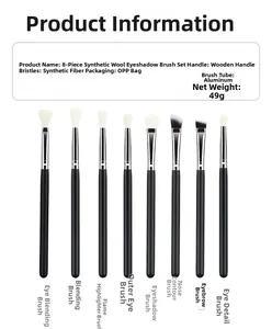 Detailed set of 8 wooden handle eye makeup brushes with soft white synthetic fibers