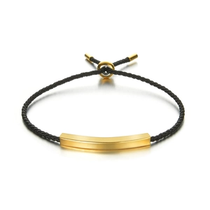 Minimalist woven black cord bracelet with polished gold stainless steel bar for couples