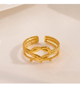 Detailed view of adjustable 18K gold plated stainless steel ring with double layers and knot