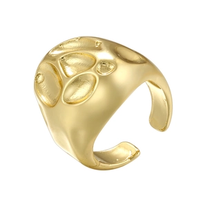 Close-up of golden irregular lava texture on wide open ring with metallic luster