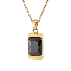 Minimalist rectangular black gemstone pendant necklace with gold plated stainless steel chain