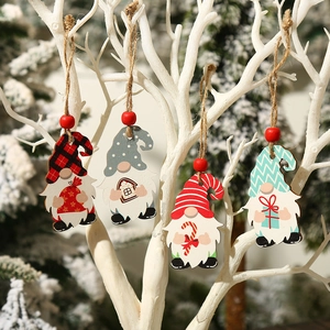 Set of 4 Christmas gnome wooden ornaments with hanging strings for tree decoration
