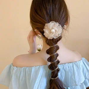 Sweet sheer flower and spiral telephone wire hair tie set, fashionable hair accessory for daily wear.