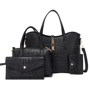 Black crocodile pattern tote bag set with four pieces including shoulder and clutch bags