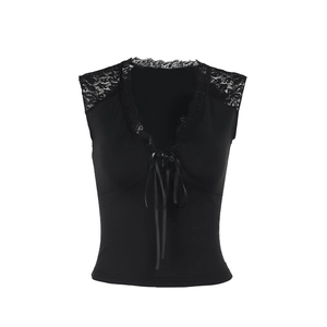 Chic black sleeveless tank top with V-neck lace patchwork and delicate ribbon tie design