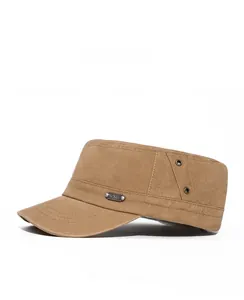 Detail view of khaki washed canvas flat top cap with metal eyelets and side logo