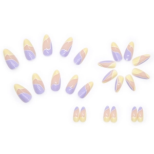 Almond-shaped press-on nails with pastel wavy patterns in purple and pink tones