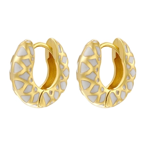 Detail view of gold hoop earrings with white enamel check patterns and needle closure