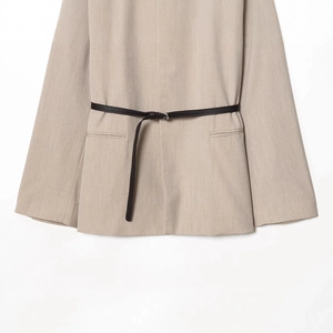 Minimalist beige casual blazer for women with black waist belt and woven texture
