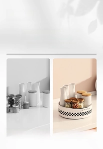 Rotating spice organizer tray with checkered edge detailing for kitchen countertop