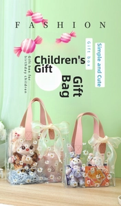 Detail of transparent PVC gift bag with daisy print, pink handle and mesh bow