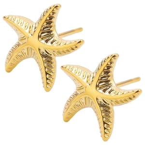 Detail view of 304 stainless steel starfish stud earrings with golden textured finish