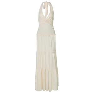 Detailed view of the knotted V-neck and ruffled tiers on this off-white halter maxi dress