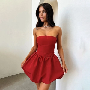Strapless Backless Mini Dress Polyester Spandex High Waist Sexy Bubble Hem Party Evening Solid Color Women