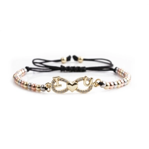 Adjustable black cord bracelet with gold infinity I Heart U symbol and tri-color beads