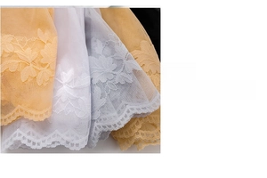 Detail showing various colors of sheer lace fabric with delicate leaf embroidery and scalloped edge