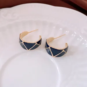 Vintage 18k gold plated geometric C-shape earrings with deep blue enamel texture