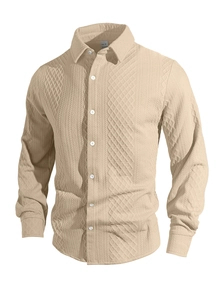 Detail of men's beige long sleeve knit shirt with textured diamond jacquard patterns