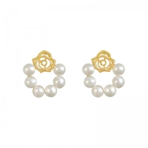 Elegant gold rose stud earrings with white pearls and S925 silver needle for women