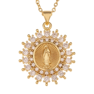 Virgin Mary sunburst pendant necklace with sparkling cubic zirconia in gold plating