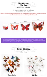 Size chart for 12pcs 3D butterfly wall stickers showing 6-12cm dimensions in color and white