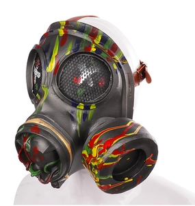Detail of steampunk gas mask featuring colorful graffiti splatters and leather headbands