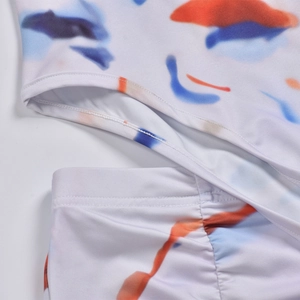 Macro detail of abstract graffiti print fabric with high-elastic stitching on tracksuit