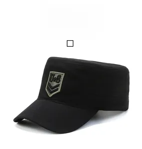 Detail of black cotton military cap featuring an embroidered US shield patch on the front